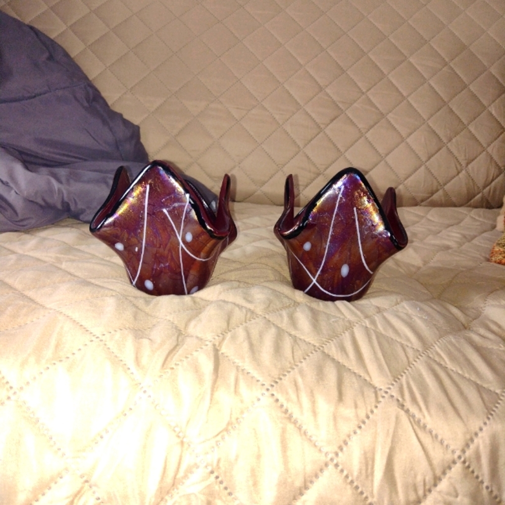 Set of 2 handkerchief blown glass carnival glazed candle holders.
